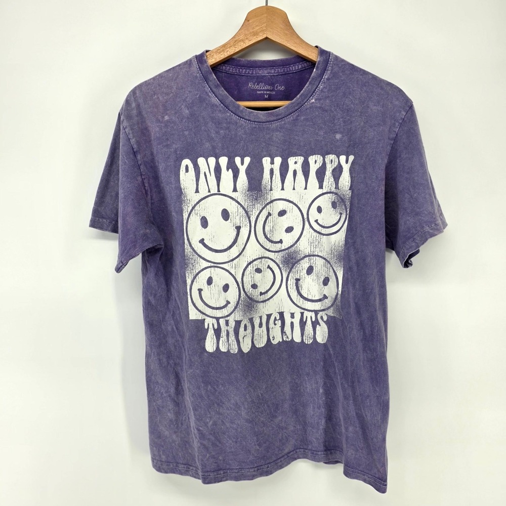 Rebellious One Graphic Tee Men Medium Purple Acid Wash Only Happy Thoughts Smile